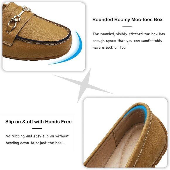 Kordal Women's Brown Leather Gold Accent Buckle Slip-Ons Walking Flats Loafers - Picture 5 of 9